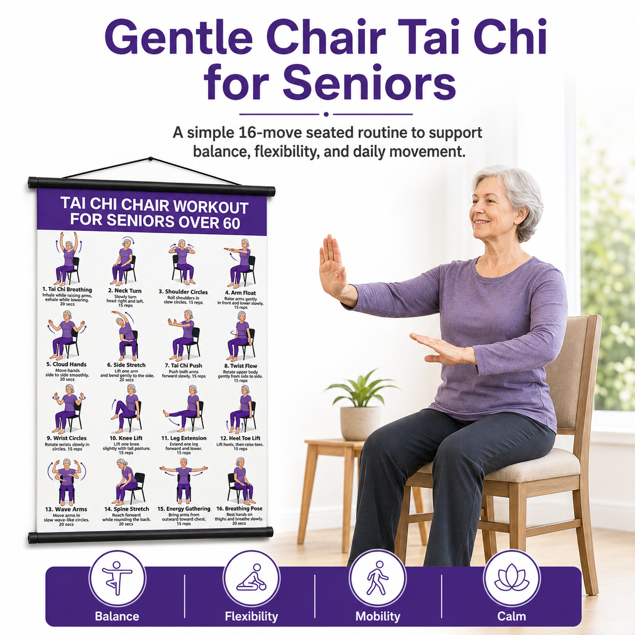 Tai Chi Chair Workout Chart for Seniors (16 x 24 inches)