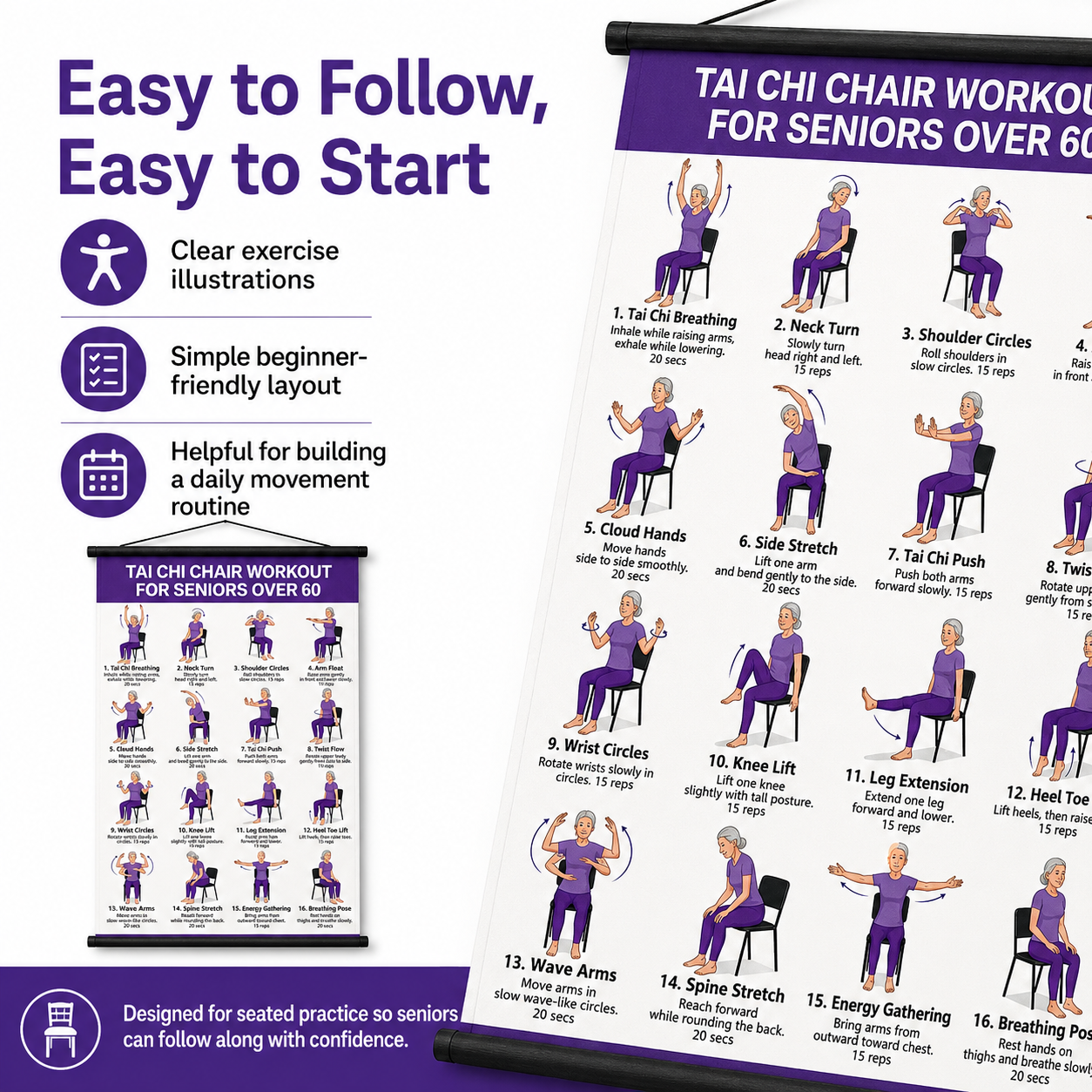 Tai Chi Chair Workout Chart for Seniors (16 x 24 inches)