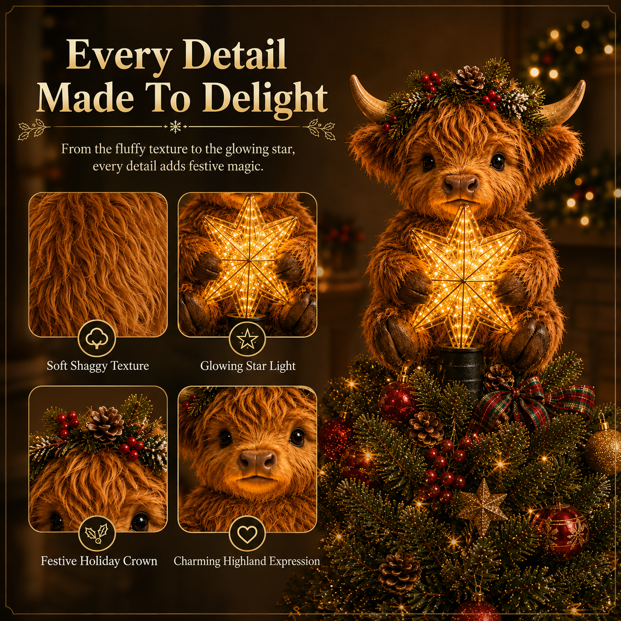 🎁Baby Highland Cow Glowing Star Tree Topper✨