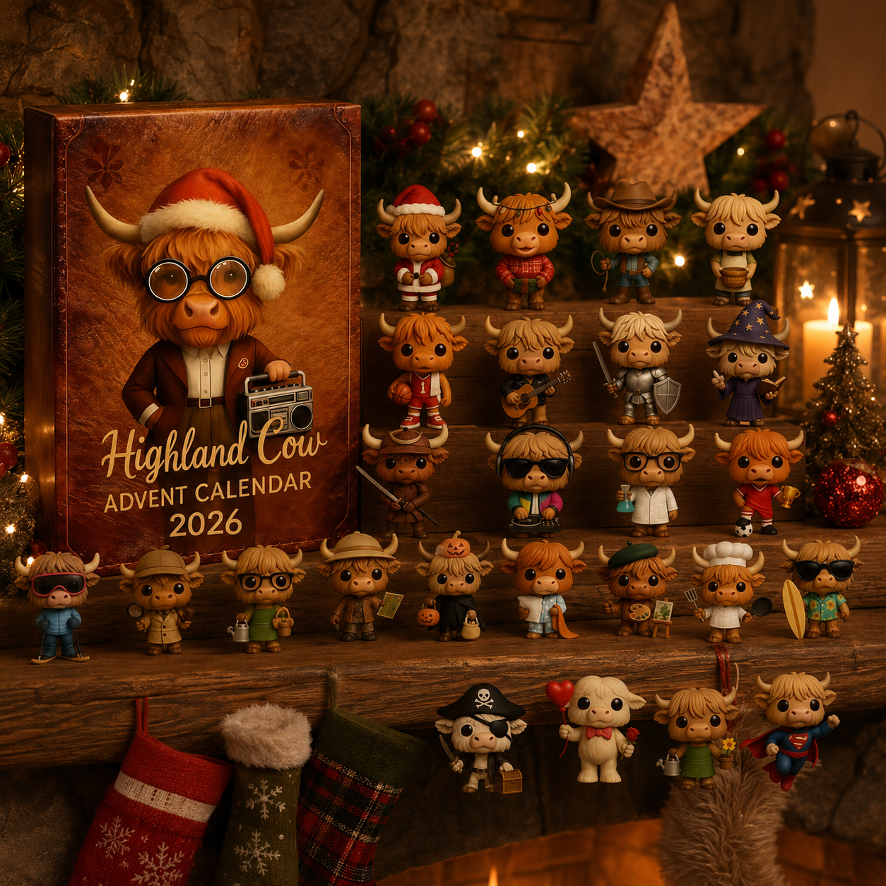 2026 Highland Cow Christmas Chronicles – 24 Days of Highland Adventures, Festive Cow Collectibles Acrylic Blind Box