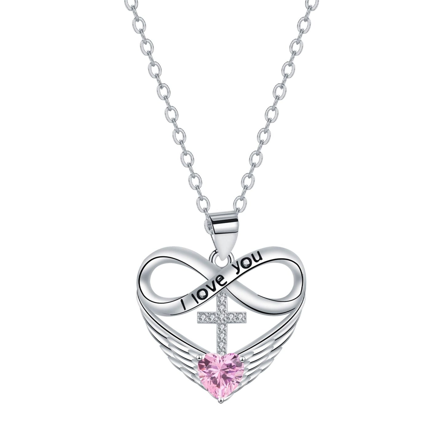 💖 I Love You Forever Heart Angel Wing Cross Necklace 💖