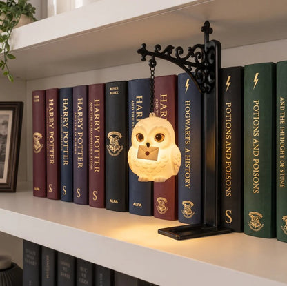 Owl figurine night light on bookshelf iron bracket