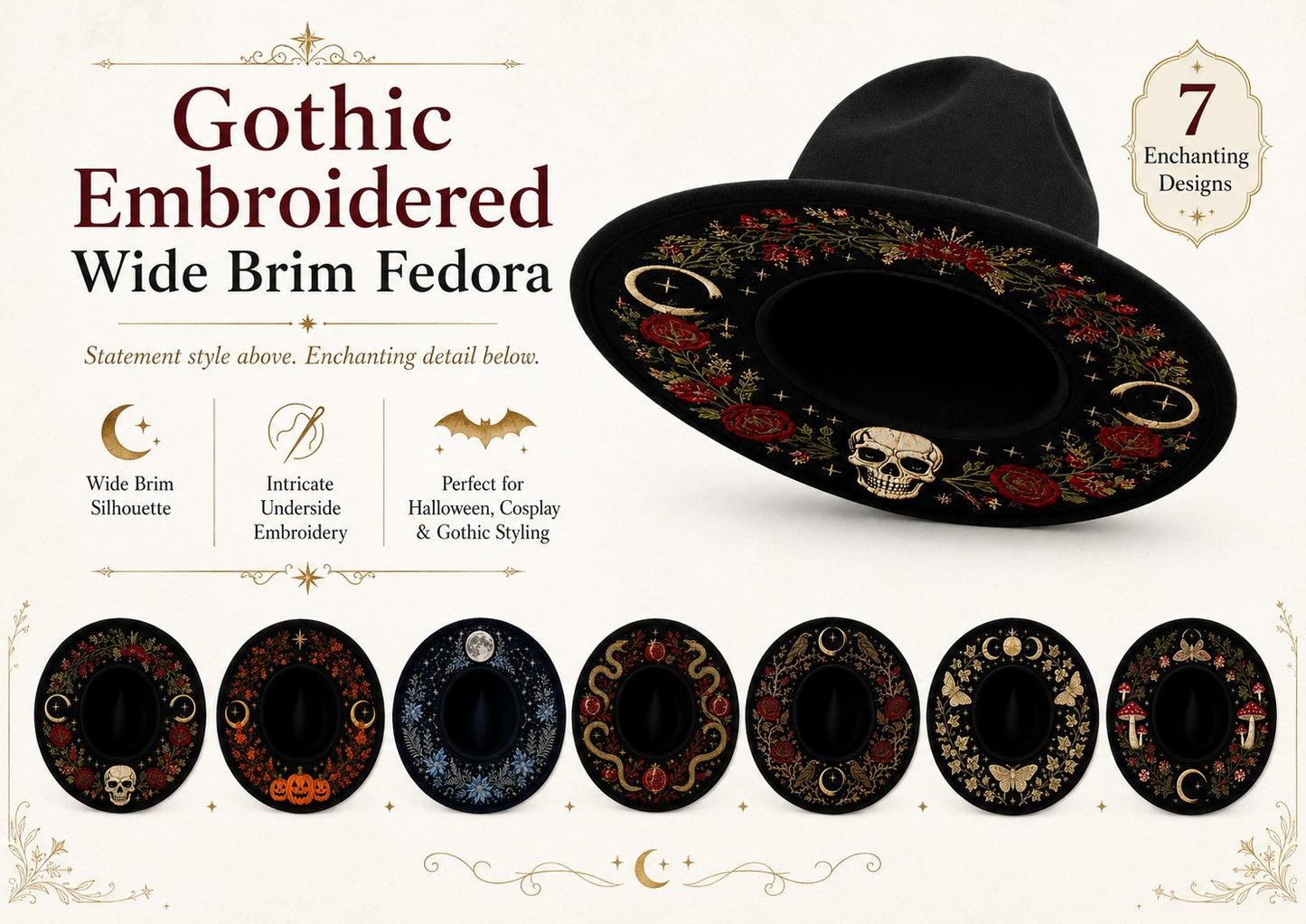 🎃 Gothic Embroidered Wide Brim Fedora Hat 🖤🌙