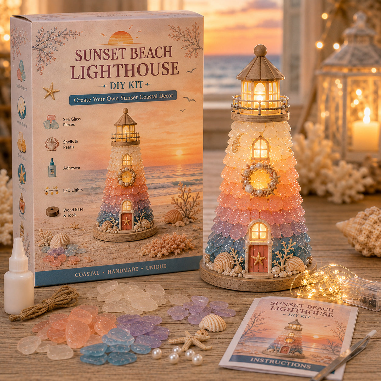 🌊 DIY Sea Glass Lighthouse Kit – Light-Up Coastal Craft & Handmade Home Decor