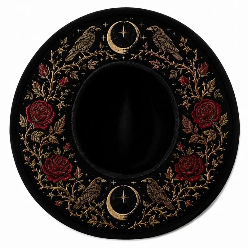 🎃 Gothic Embroidered Wide Brim Fedora Hat 🖤🌙