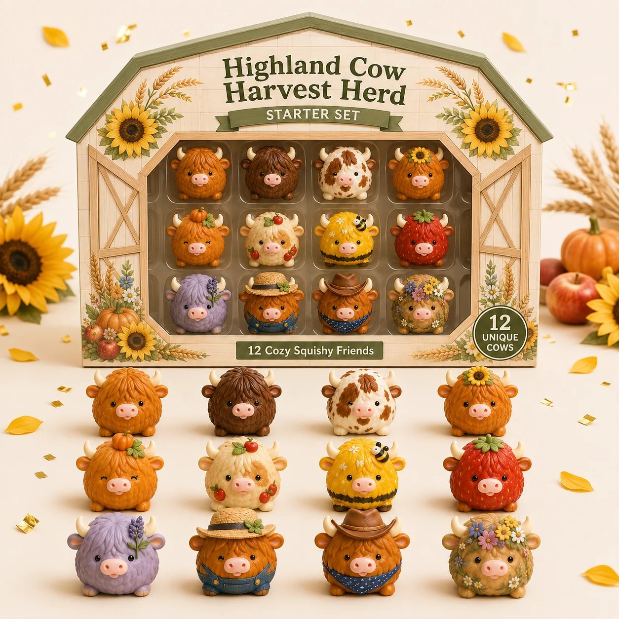 🐮 Highland Cow Squishy Collection | 12-Piece Harvest Herd or 24-Piece Holiday Collector’s Edition with Unique Characters & Secret Cow ✨(📦Buy 2 Free Shipping)