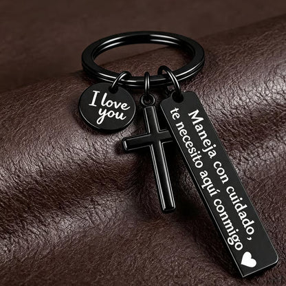 Keychain with Cross and 'I Love You' Charm