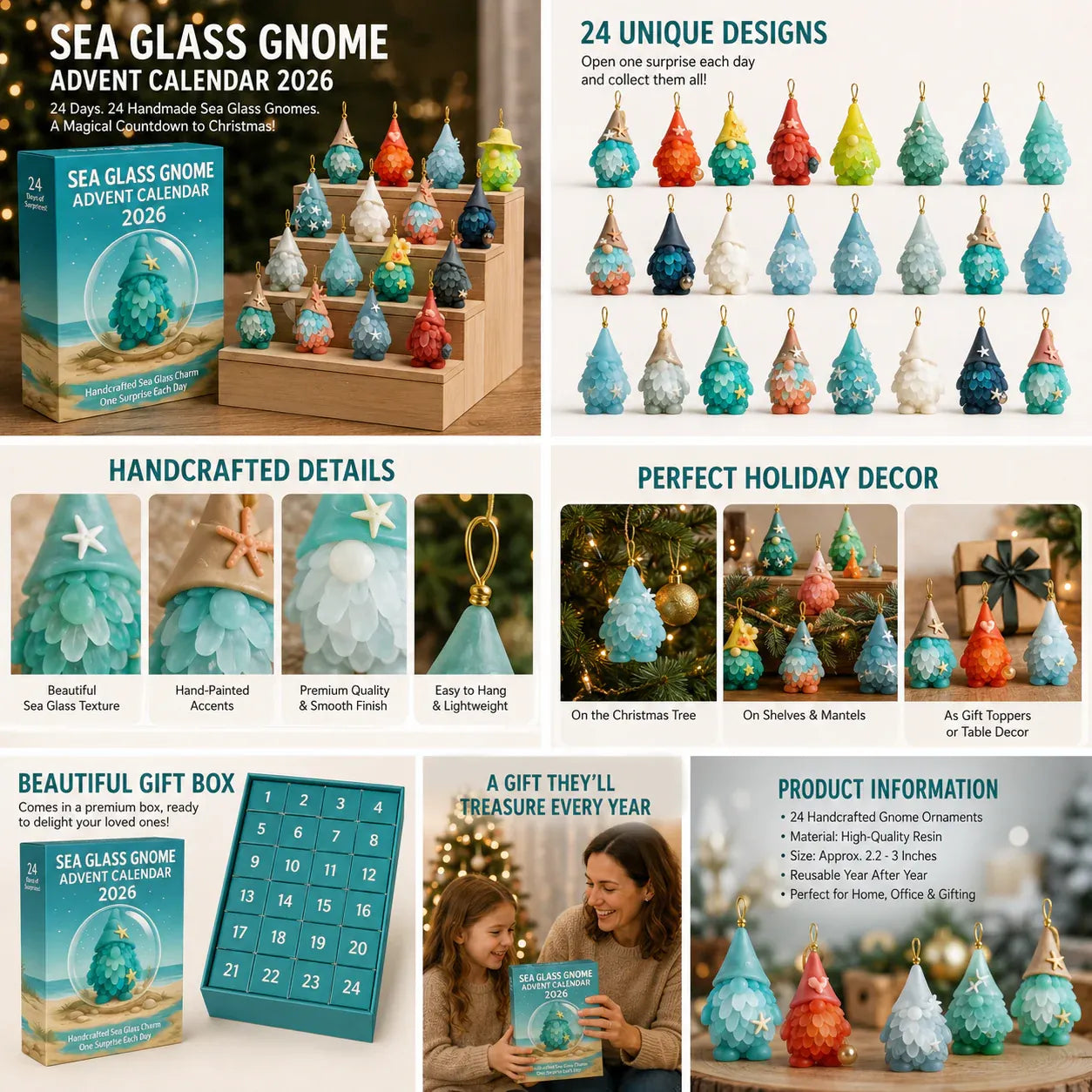Sea Glass Gnome Advent Calendar 2026 | 24 Coastal Gnome Charms for Christmas Countdown, Tree Decor & Holiday Gifts 🎄✨