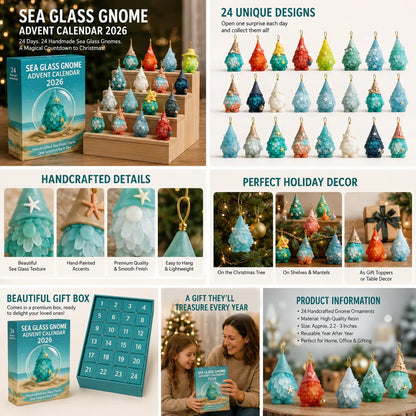 Sea Glass Gnome Advent Calendar 2026 | 24 Coastal Gnome Charms for Christmas Countdown, Tree Decor & Holiday Gifts 🎄✨
