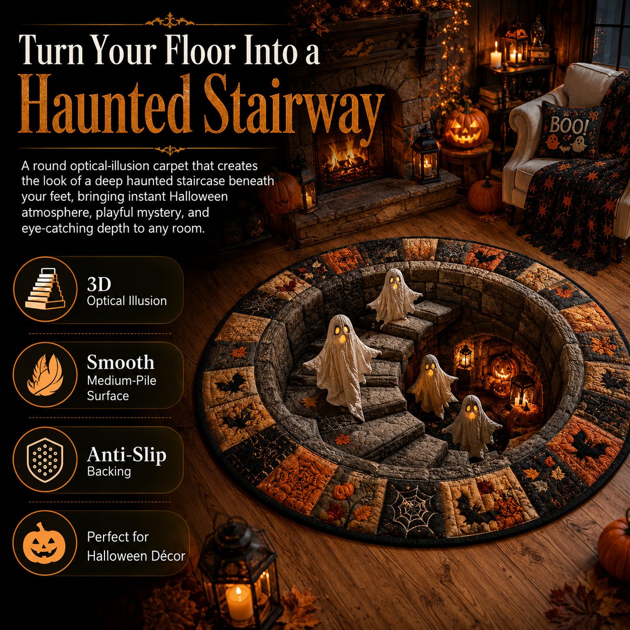 🔥 3D Haunted Staircase Round Rug – Spooky Halloween Optical Illusion 👻