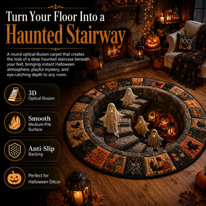 🔥 3D Haunted Staircase Round Rug – Spooky Halloween Optical Illusion 👻