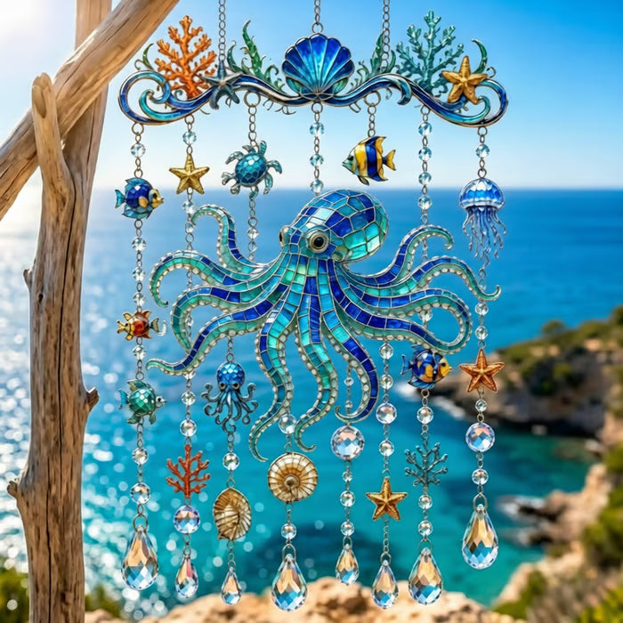 🔥🐋🐢🐬Ocean-Themed Crystal Wind Chime – 🌊Bring the Ocean Glow to Your Garden