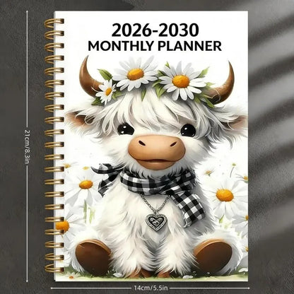 2026-2030 Calendar - From January 2026 to December 2030, 5-year calendar, cartoon Highland cow themed cover design, annual calendar planning, month labels, 60-month calendar