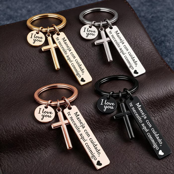 Keychain with Cross and 'I Love You' Charm