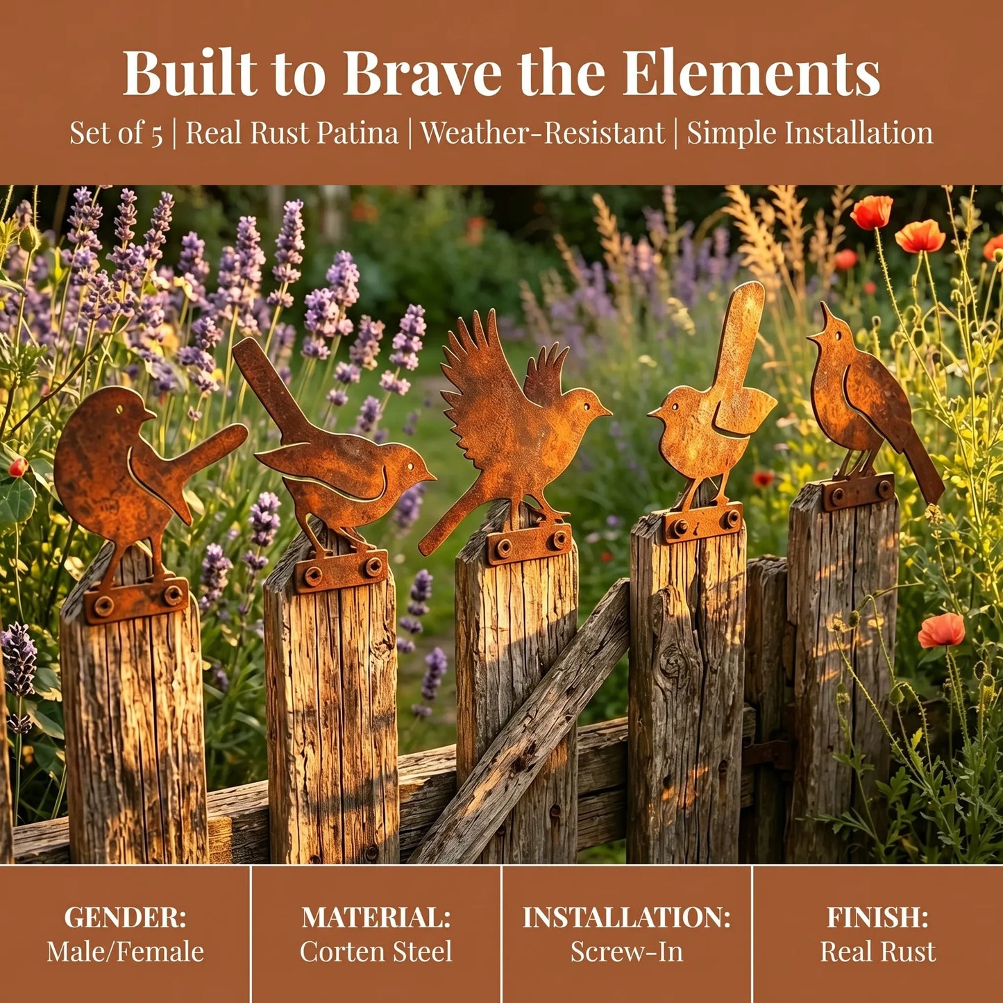 🐦 5-Piece Lifelike Rusty Metal Bird Silhouettes Garden Art