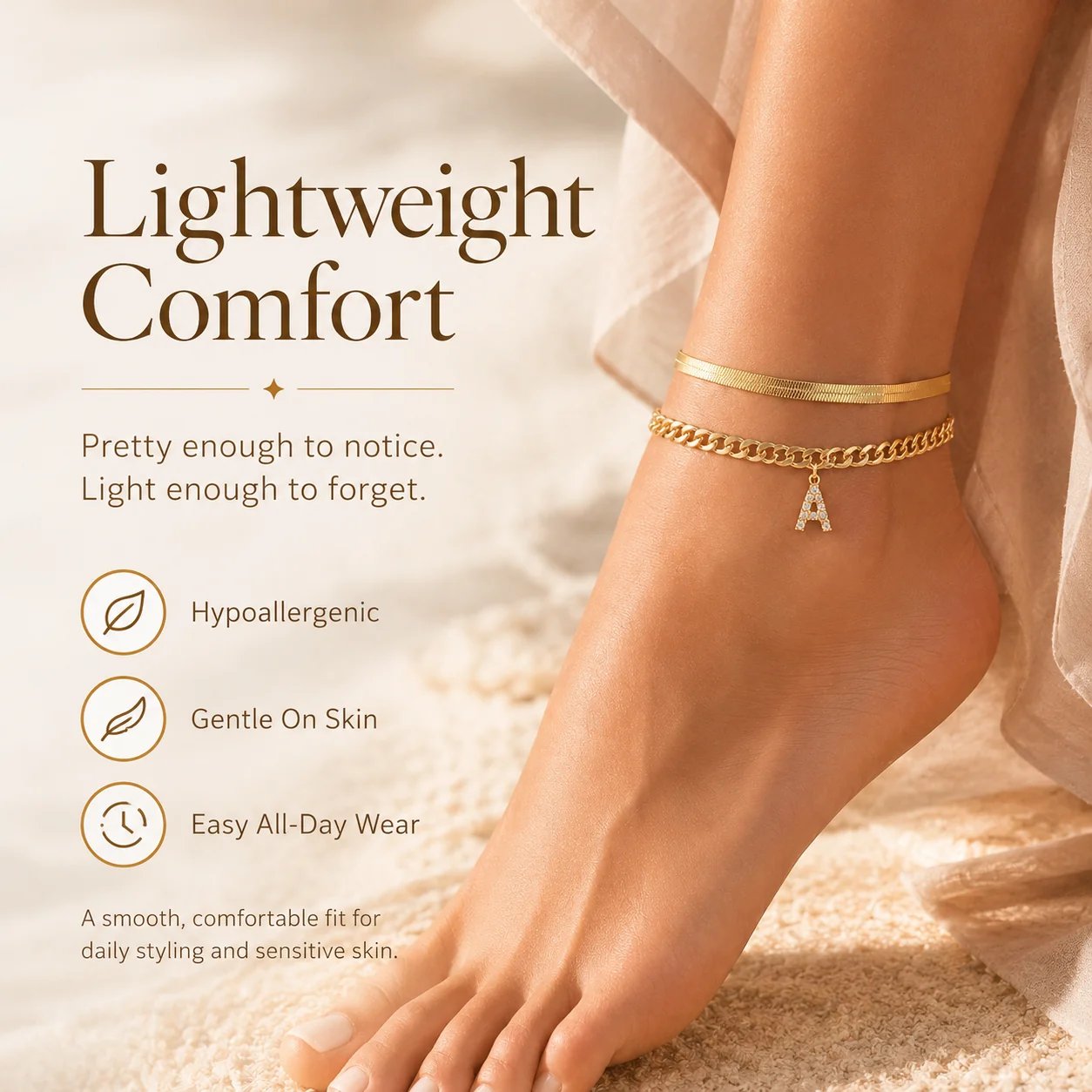 ✨ Gold Initial Anklet – 14K Gold Plated, Waterproof Adjustable Letter Pendant, Stackable Beach Jewelry