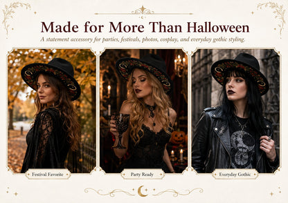 🎃 Gothic Embroidered Wide Brim Fedora Hat 🖤🌙