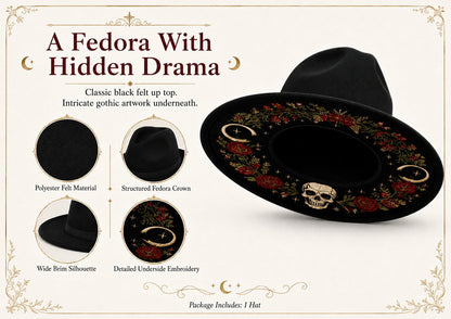 🎃 Gothic Embroidered Wide Brim Fedora Hat 🖤🌙