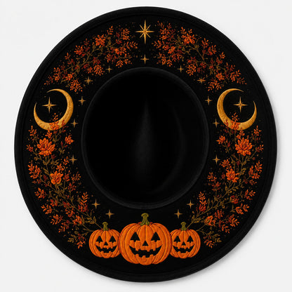 🎃 Gothic Embroidered Wide Brim Fedora Hat 🖤🌙