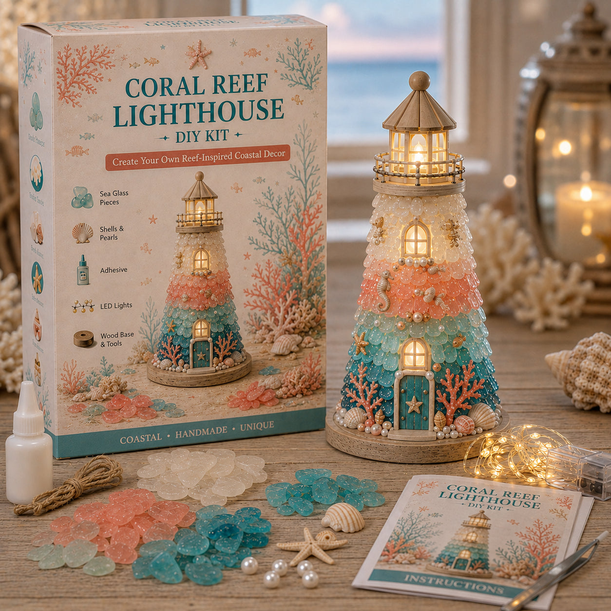 🌊 DIY Sea Glass Lighthouse Kit – Light-Up Coastal Craft & Handmade Home Decor