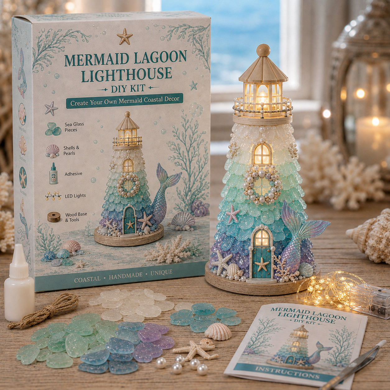 🌊 DIY Sea Glass Lighthouse Kit – Light-Up Coastal Craft & Handmade Home Decor