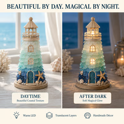🌊 DIY Sea Glass Lighthouse Kit – Light-Up Coastal Craft & Handmade Home Decor