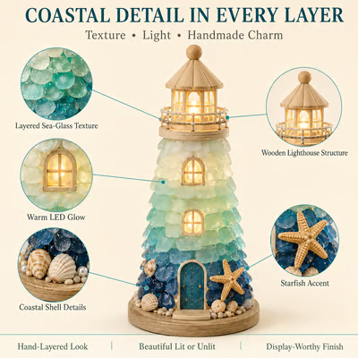 🌊 DIY Sea Glass Lighthouse Kit – Light-Up Coastal Craft & Handmade Home Decor
