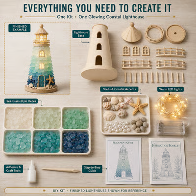 🌊 DIY Sea Glass Lighthouse Kit – Light-Up Coastal Craft & Handmade Home Decor
