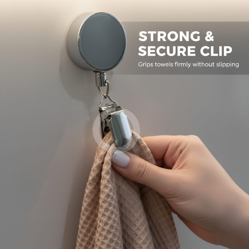 ❄️✨Self-Adhesive Retractable Towel Clip – 65cm Auto-Rewind Holder for Tea Towels & Dishcloths