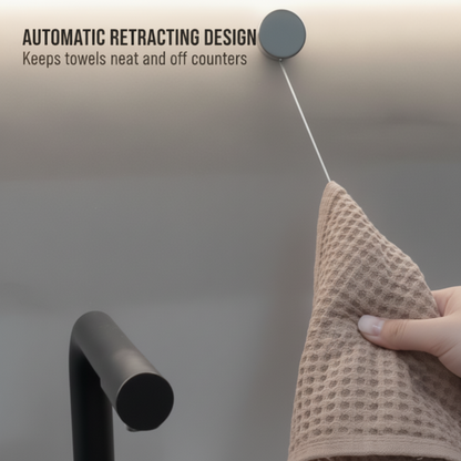 ❄️✨Self-Adhesive Retractable Towel Clip – 65cm Auto-Rewind Holder for Tea Towels & Dishcloths