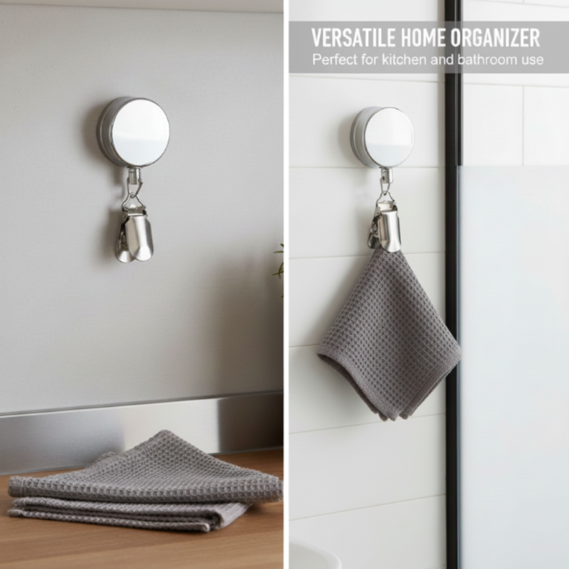 ❄️✨Self-Adhesive Retractable Towel Clip – 65cm Auto-Rewind Holder for Tea Towels & Dishcloths