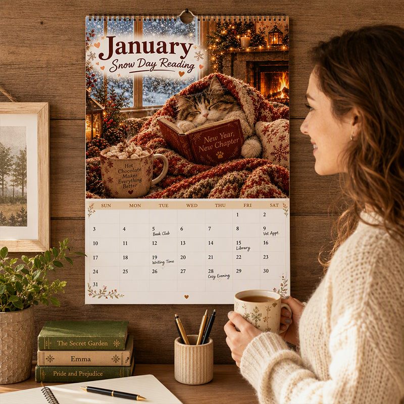 😻 2027 Cats Chillin' with Books Wall Calendar – Adorable Cat‑Book Art, Large Writing Blocks, Perfect Gift For Cat & Book Lovers!