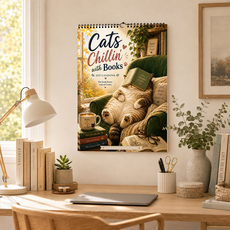 😻 2027 Cats Chillin' with Books Wall Calendar – Adorable Cat‑Book Art, Large Writing Blocks, Perfect Gift For Cat & Book Lovers!