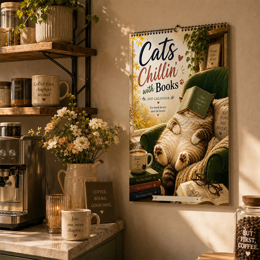 😻 2027 Cats Chillin' with Books Wall Calendar – Adorable Cat‑Book Art, Large Writing Blocks, Perfect Gift For Cat & Book Lovers!
