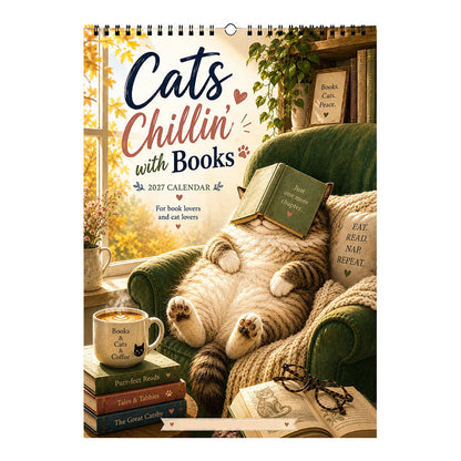 😻 2027 Cats Chillin' with Books Wall Calendar – Adorable Cat‑Book Art, Large Writing Blocks, Perfect Gift For Cat & Book Lovers!